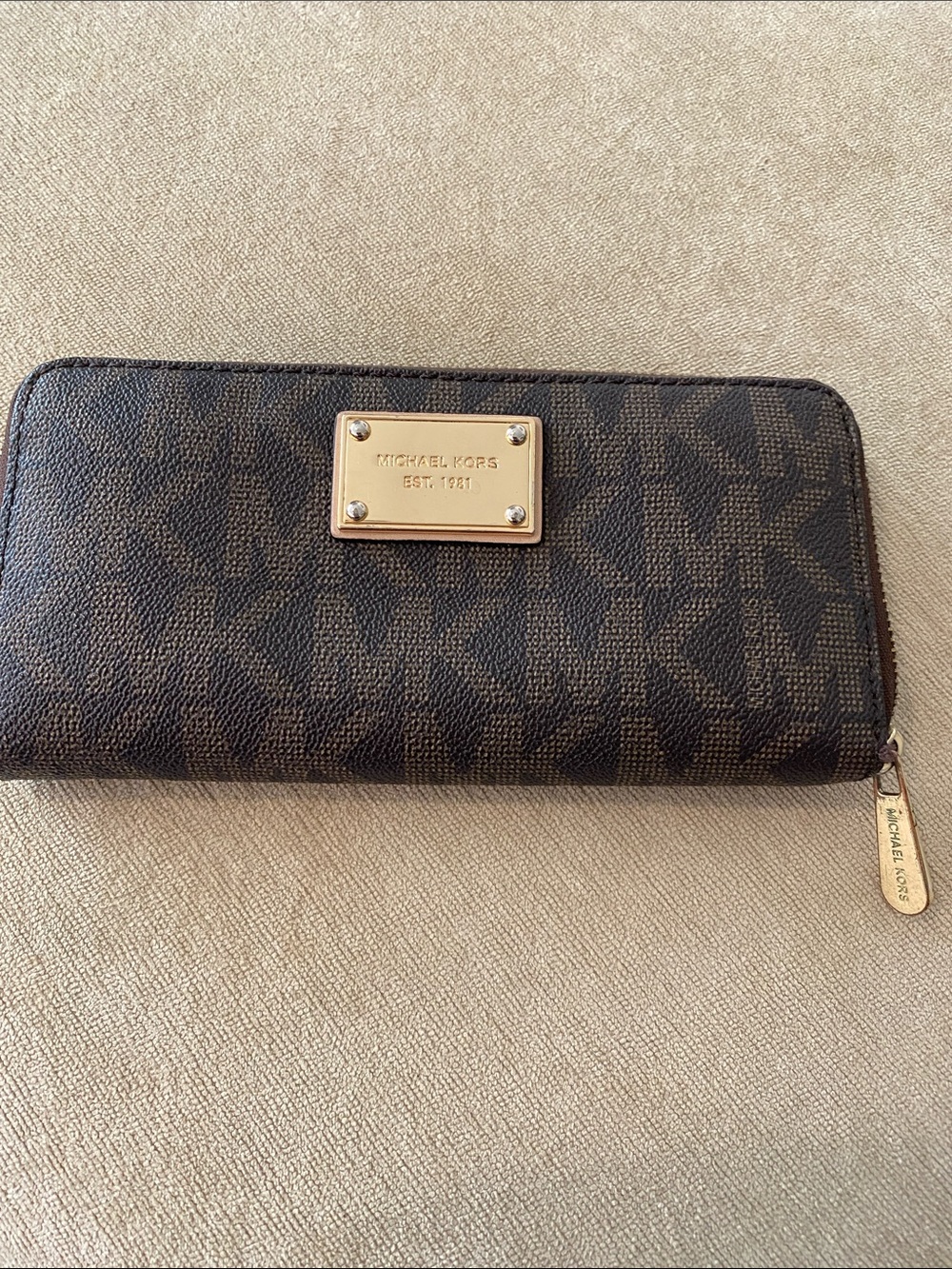 Michael Kors Dark Brown MK Logo Zip-Around Wallet with Gold Plaque